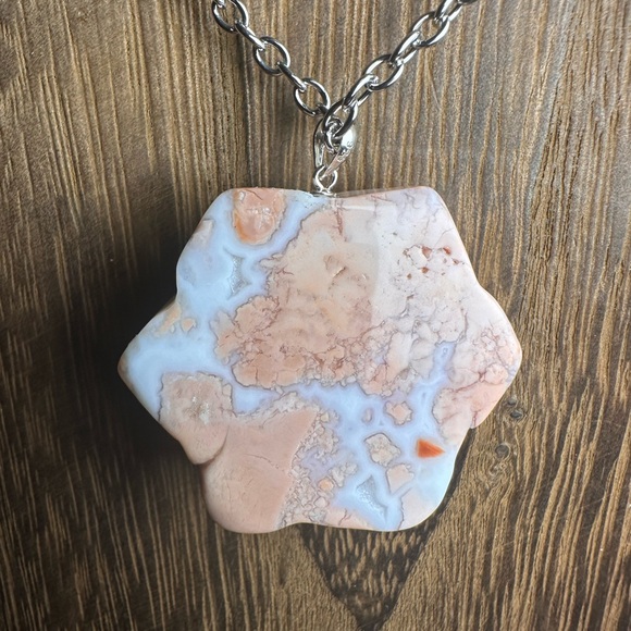 Pink Agate (“Cotton Candy Agate”) Flower Pendant on Stainless Steel Chain - Picture 12 of 14
